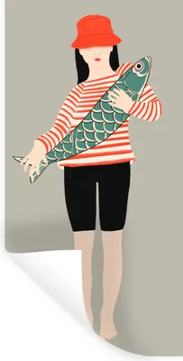 Produktbild von MuchoWow® Wandtattoo Wandsticker Wandaufkleber Frau - Fisch - Jahrgang 60x120 cm Selbstklebend und Repositionierbar - Selbstklebend - Fototapeten