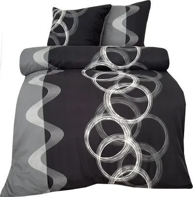 Produktbild von Thermofleece Mikrofaser Bettwäsche Set 200x200 cm Winter Grau Schwarz Kreise und Streifen Design mit Reißverschluss