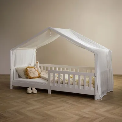 Produktbild von Hausbett Himmel LIAN in weiß - Betthimmel aus 100% Baumwolle, Baldachin Musselin zweilagig, Bettvorhang für Kinder, Hausbett Deko