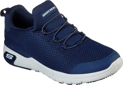 A single blue Skechers sneaker is shown against a white background.