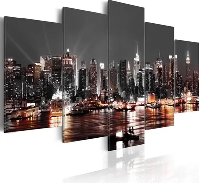 Produktbild von Modernes Wandbild d-A-0022-b-p (100x50) - 5 Teilig Bilder Fotografie auf Vlies Leinwand Foto Bild Dekoration Wand Bilder Kunstdruck NEW YORK NYC SKULINE STADT BEI NACHT