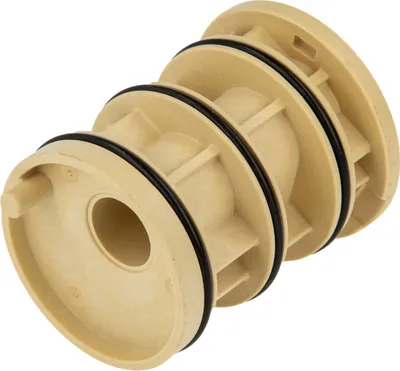 A close-up studio shot of a beige plumbing adapter with black O-rings.
