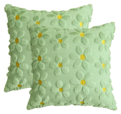 Obrázok produktu pre Dva vankúšové poťahy s motívom margarétok, tkané vzory (jacquard), umelý kožúšok, zelená farba, 45x45 cm, plyšový, zamatový materiál