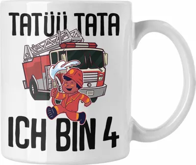 Produktbild von Trendation - 4. Geburtstag Geschenk Jungs Feuerwehr Tasse Geschenke Zubehör Lustig Kinder Geburtstag Spruch Ich Bin 4 (Weiß)