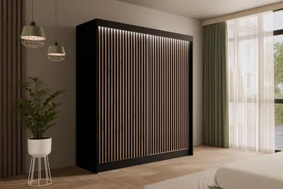 A modern bedroom with a large wardrobe and decorative elements.