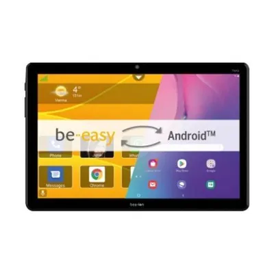 A black tablet displaying its home screen with various app icons and widgets.