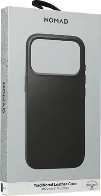 A product box for a Nomad leather iPhone case.