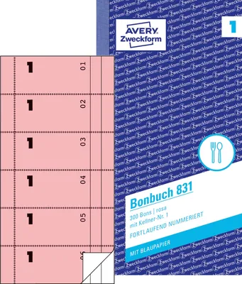 Produktbild von Avery Zweckform 831, Bonbuch, rosa, mit Kellner-Nr. 1, 300 Bons