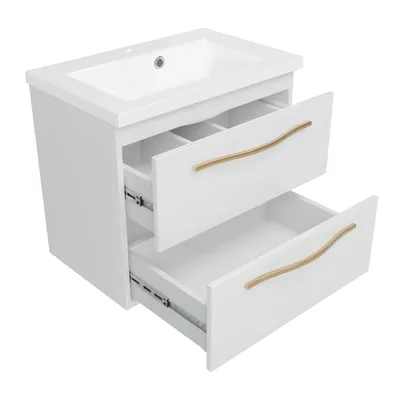 Produktbild von paplinskimoebel badezimmermöbel GIRONA60 Set Unterschrank Waschbecken 60 x 39 x 55 cm Badschrank Keramikwaschbecken Hochglanz Glamour Schublade Gold