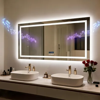 Immagine prodotto di Specchio da bagno a LED - Specchio da parete 120 x 70 cm - Altoparlante Bluetooth - Con illuminazione LED dimmerabile - Antiappannamento - Funzione di memoria - 3 tonalità di luce - Antisfondamento