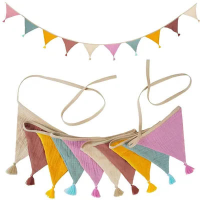 Immagine prodotto di Ghirlanda di bandierine in tessuto per cameretta dei bambini, 2,7 metri, colorata, con frange, in cotone, color rosa confetto