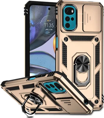 Produktbild von Moto G22 Hülle mit Schiebe Kamera Schutz und Ringhalter Ständer Robust Rüstung Schutzhülle für Motorola Moto G22 2022 Gold
