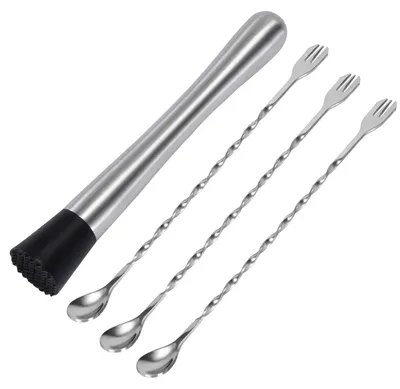 Barwerkzeug-Set, 4-teilig, Edelstahl, 21 cm Stampfer, 26 cm Löffel