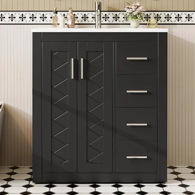 Image de Meuble-lavabo sur pied noir 76 x 46,5 x 85,5 cm avec vasque intégrée, 3 tiroirs silencieux, portes doubles, fermeture en douceur