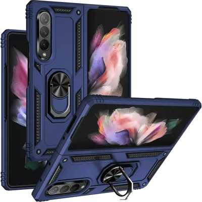 Three blue phone cases are displayed, two are open and one is closed, showing the phone screens inside.