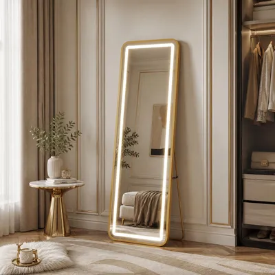 Immagine prodotto di Specchio a figura intera INONEFT, 150 x 40 cm, specchio da pavimento ad alta risoluzione, specchio quadrato con LED e supporto in metallo, vetro temperato, colore oro, Immagine generata dall'IA