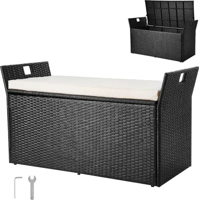 Produktbild von VEVOR Gartenbank mit Stauraum, PE-Rattan-Sitztruhe, Truhenbank mit Kissen & seitlichen Griffen, trägt bis zu 360 kg, Gartensitzgelegenheit & Veranda-Nachbildung für Terrasse, Garten, Balkon, 125x55x70cm