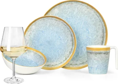 Zdjęcie produktu dla Zestaw naczyń kempingowych z melaminy dla 4 osób Crystal Blue + 4 kieliszki do wina Milano White Zastawa stołowa Piknik BBQ Naczynia kuchenne