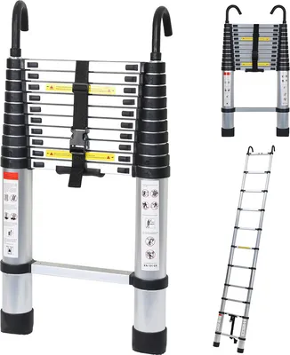 Produktbild von SWANEW Teleskopický skladací rebrík Stabilný hliníkový rebrík do 150 kg 3,2 m strieborný s hákom