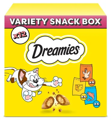 Zdjęcie produktu dla DREAMIES Variety Snack Box – karma uzupełniająca dla kotów (z kurczakiem, z serem i o smaku łososia) - 720g - 12x60