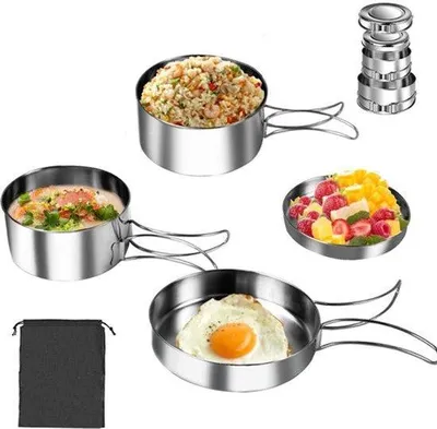 Produktbild von Set aus 4 Edelstahl-Kochgeschirr für Camping, Outdoor, Camping, Kochset, Outdoor-Gerichte, Camping, Kochpfanne zum Wandern, Picknick, faltbar, Camping, stapelbar