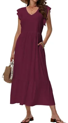 Produktbild von Tanmolo Sommerkleid Damen Lang V-Ausschnitt,Taschen,Weinrot,XL