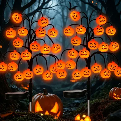 Produktbild von Kürbis Solarleuchten Gartenstecker, 3 Stück LED Außenbeleuchtung mit 20 Lichtpunkten, wetterfestes Halloween Licht für Garten, Terrasse und Balkon