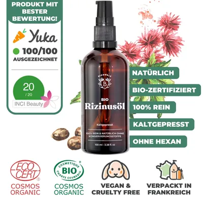 Produktbild von Rizinusöl Bio 100ml Kaltgepresst - 100% Natürlich, Wachstumsfördernd, Castor Oil