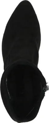 A top-down view of a black boot.