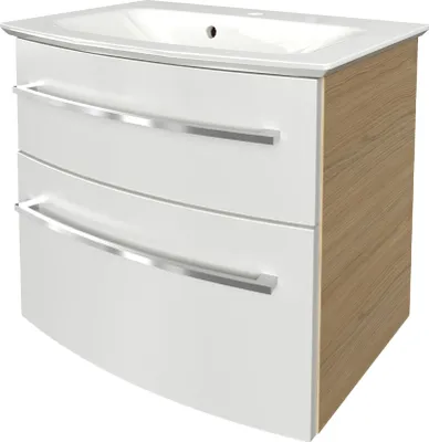 Produktbild von FACKELMANN B.STYLE Badmöbel Set 2 Teile / Gussmarmor Waschbecken / Waschbeckenunterschrank mit 2 Schubladen / hochwertiger Badschrank mit Soft-Close / Korpus: Braun hell / Front: Weiß / Breite: 63 cm