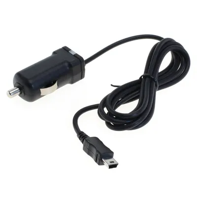 A black car charger with a mini-USB connector on a white background.