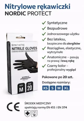 Zdjęcie produktu dla Rękawiczki Jednorazowe Nordic Nitryl Czarny Rozmiar M 20 Szt. Do Higieny I Pracy