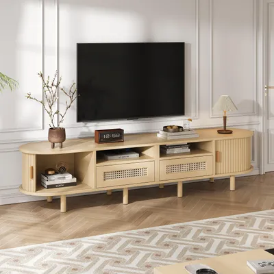 Image de OKWISH Meuble TV avec Portes Coulissantes et 2 Tiroirs, Rangement pour Salon, MDF et Bois Massif, 170×40×40 cm - Couleur Bois