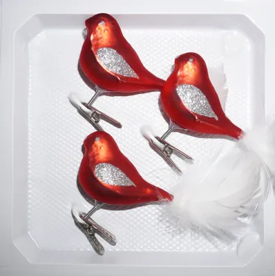 Three red glass bird ornaments with silver glitter accents and white feather tails are displayed in a white tray.