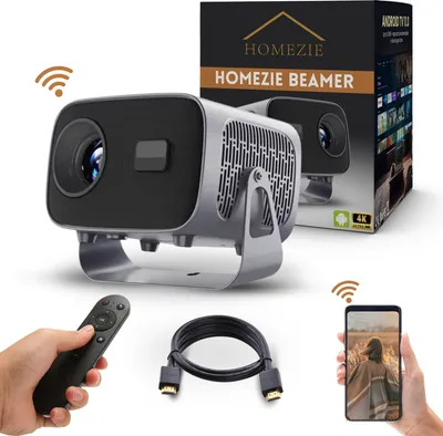 Produktbild von Homezie Beamer | Inklusive HDMI-Kabel & Fernbedienung | Bildschirmspiegelung von iPhone & Android | Trapezkorrektur | 4K-Unterstützung | Android 11 | Projektor