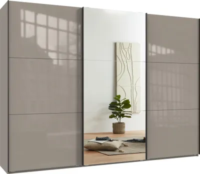 Produktbild von Schwebetürenschrank Kleiderschrank 300 cm Vollausst. Spiegel Glasfront Sandgrau / 22040