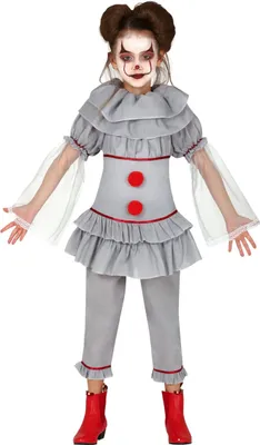 A young girl dressed in a clown costume, posing for a product image.
