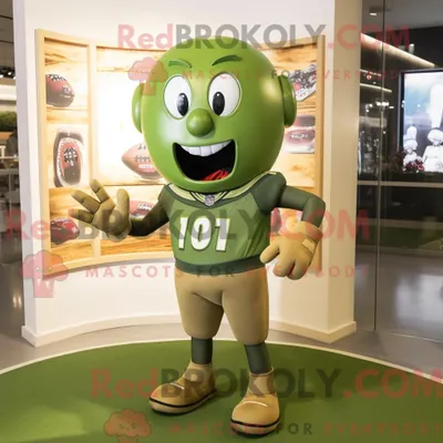 Produktbild von Maskottchen-Charakter REDBROKOLY eines olivgrünen American-Football-Helms bekleidet mit Shorts und Broschen