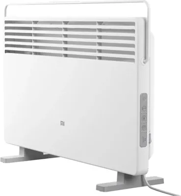 A white Xiaomi smart space heater is shown from a three-quarter side view, standing on its grey feet.