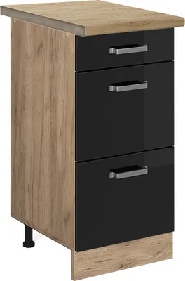 Produktbild von Küchenunterschrank Vicco R-Line Schwarz Hochglanz 40 cm mit Schubladen, AP Eiche, Model 46673