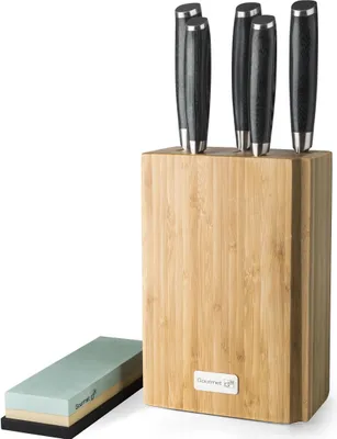 Immagine prodotto di G21 Set di coltelli Gourmet Damasco in blocco di bambù 5 pezzi + pietra per affilare