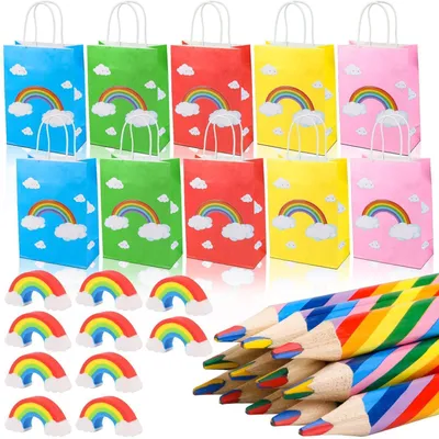 Productafbeelding van Set met 30 stuks: 10 regenboogpotloden, 10 gummetjes, 10 cadeautasjes