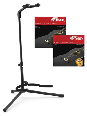 Produktbild von TIGER Universal-Gitarrenständer und 2 Packungen Akustikgitarrensaiten