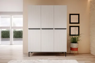 Zdjęcie produktu dla SZAFA NICOLE 150 cm BIAŁY MAT PÓŁKI SZUFLADY CZARNE METALOWE NÓŻKI GLAMOUR