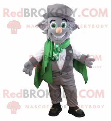 Productafbeelding van Grijze kabouter mascotte REDBROKOLY kostuum karakter gekleed met een poplin-shirt en sjaalclips