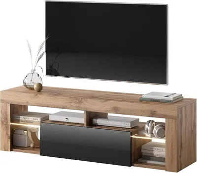 Produktbild von Selsey Bianko - TV-Schrank/Wohnzimmermöbel - 140 cm - Lancaster Eiche/schwarz glänzend - mit LED-Beleuchtung - modern