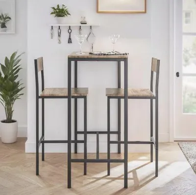 Zdjęcie produktu dla Zestaw mebli balkonowych i do salonu z 2 stołkami barowymi – blat o wysokości 100 cm – zestaw mebli w stylu industrialnym z elementami drewnopodobnymi i metalowymi – kompaktowy design