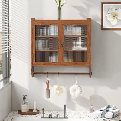 Produktbild von Hängeschrank Vintage Braun (63x60x18 cm), Wandschrank Massivholz mit Riffelglas-Türen, 3 Ebenen, Herausnehmbare Böden