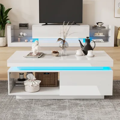 Produktbild von Abrihome TV-Wandschrank Couchtisch Set mit Schubladen und LED-Beleuchtung, Offene Fächer, Wohnzimmerset, Weiß
