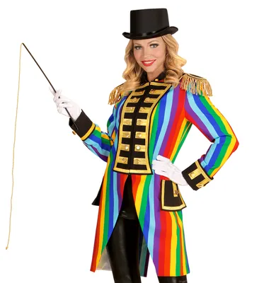 A woman in a circus ringmaster costume holding a whip.